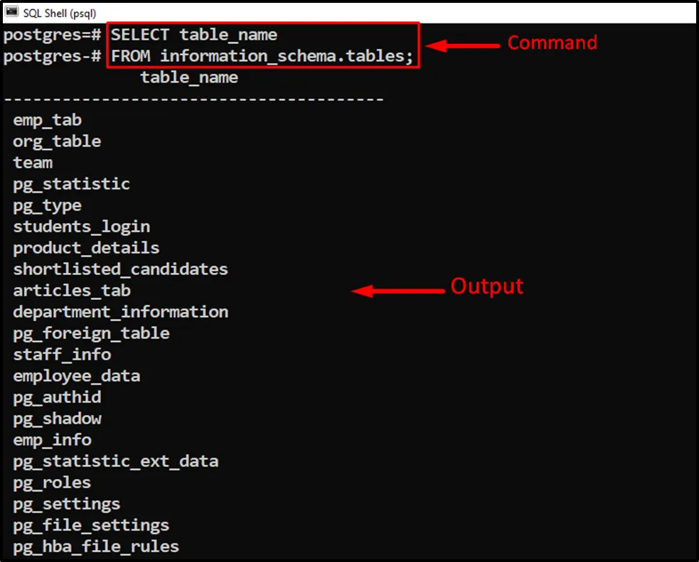 select table_name from information_schema.tables;