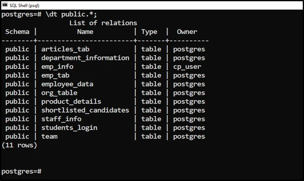 psql dt public.* list tables in public schema