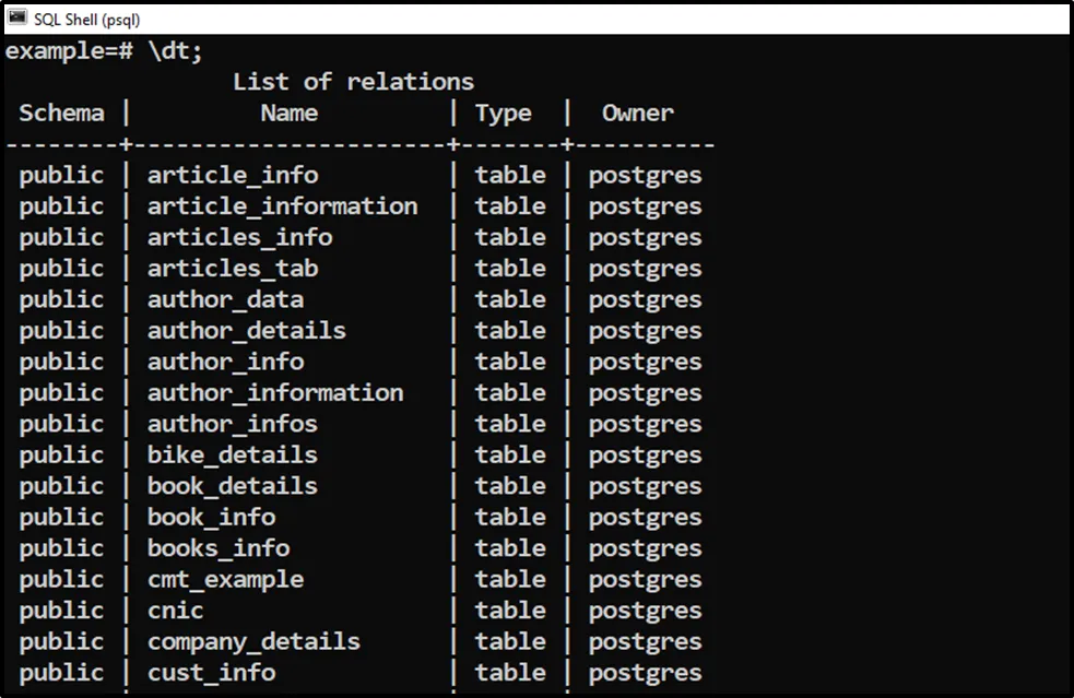 psql \dt command - list tables in the example database